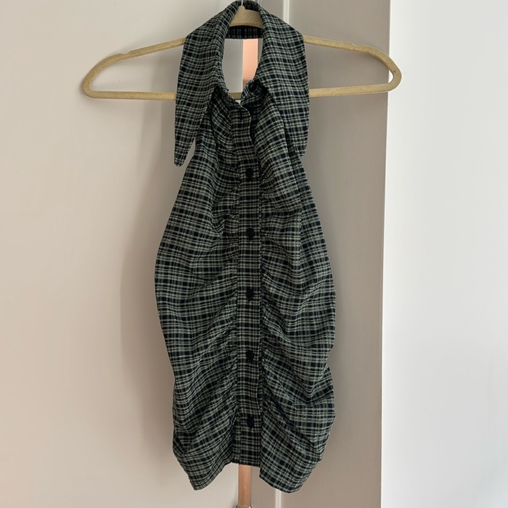 GANNI Checkered Searsucker Halter Top